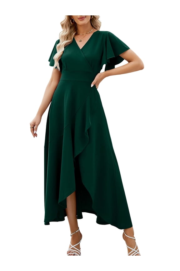 Women'S Long Formal Dresses Split Elegant V Neck Wrap Ruffle Wedding Guest Dresses Green XL