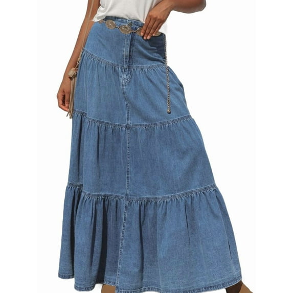 Women'S Long Jean Denim Tiered Button Down High Waisted Maxi Skirts Blue M