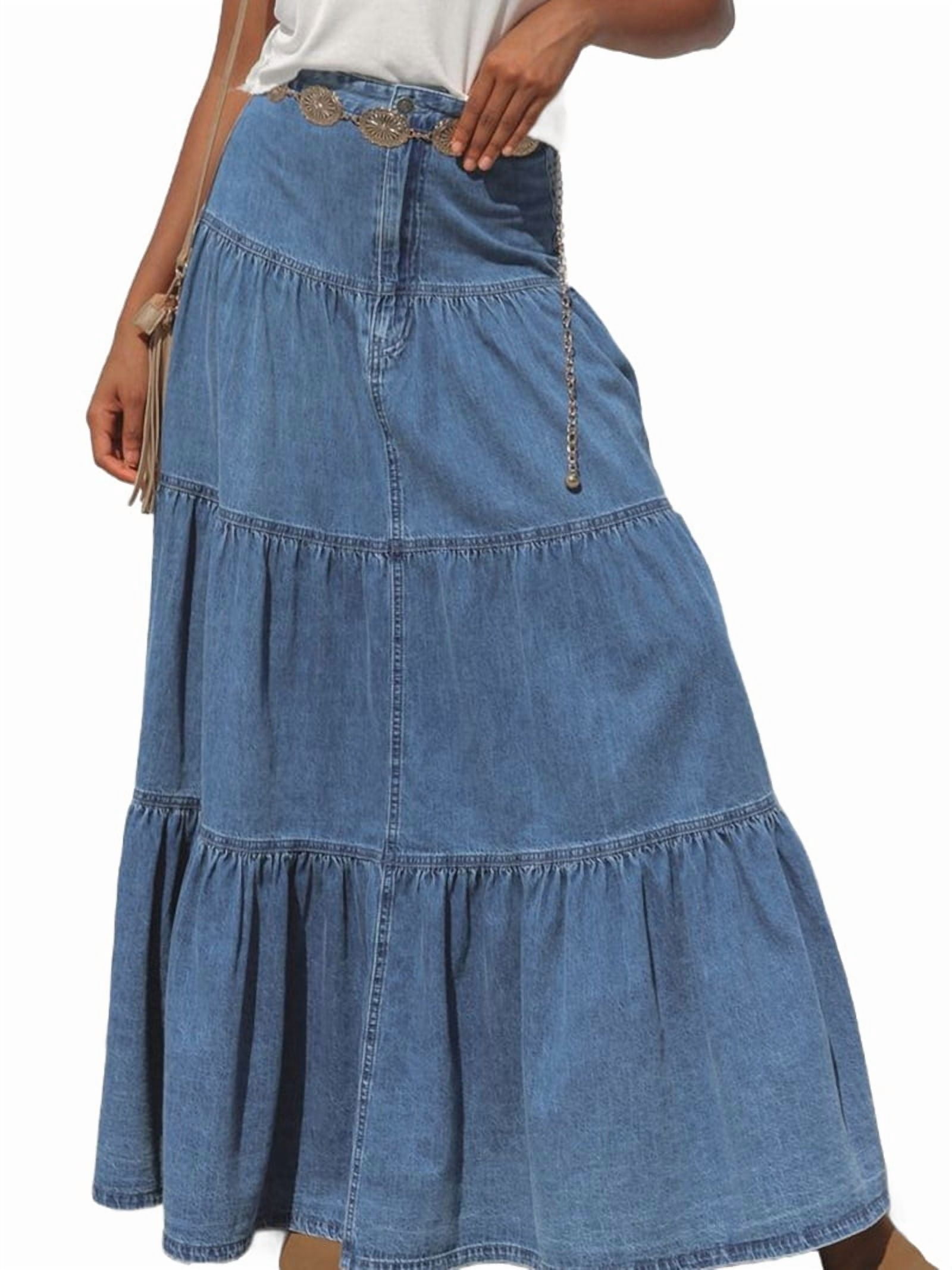 Women's Denim Maxi Skirt High Waisted Tiered Button Front Blue XL ...