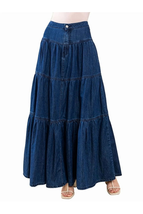 Women'S Long Jean Denim Tiered Button Down High Waisted Maxi Skirts Dark Blue L