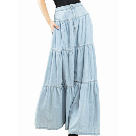 Women's High Waist Long Denim Skirt Button-Fly Tiered Ruffle Swing A-Line Jean Maxi Skirt with Pockets Light Blue S