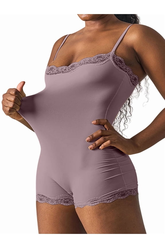 Women'S Long Jumpsuit Square Neck Short Romper Bodysuit One-Piece Lace Trim Shapewear Mist Purple M
