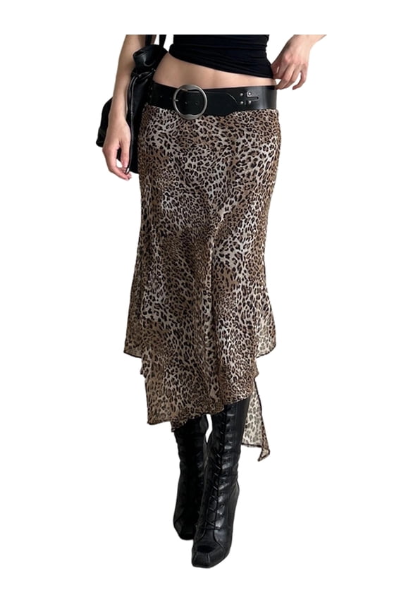 Women'S Long Leopard Print Skirt High Waist Mesh Maxi with Irregular Hem for Spring and Color M