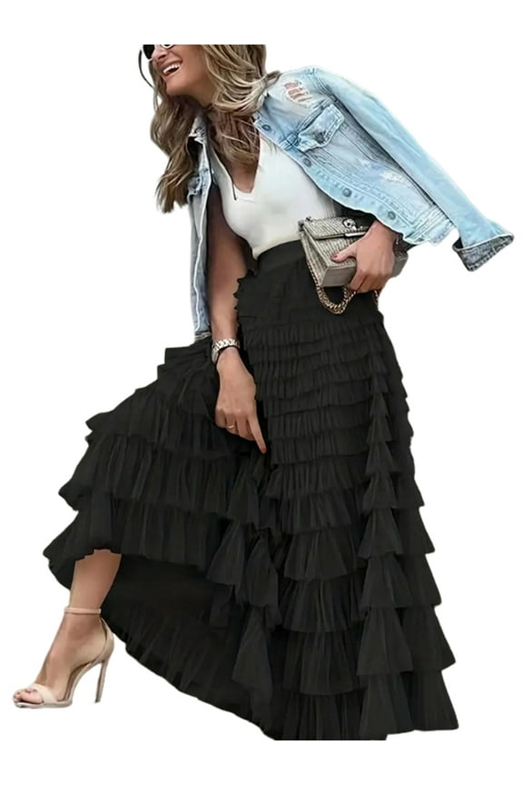 Women'S Long Maxi Tulle Skirts A Line Ruffle High Waisted Tiered Layered Mesh Tutu Skirt Petticoat Black L