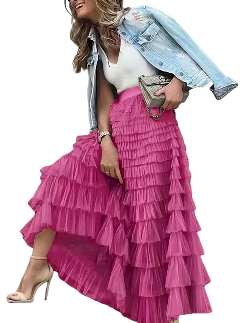 Women'S Long Maxi Tulle Skirts A Line Ruffle High Waisted Tiered