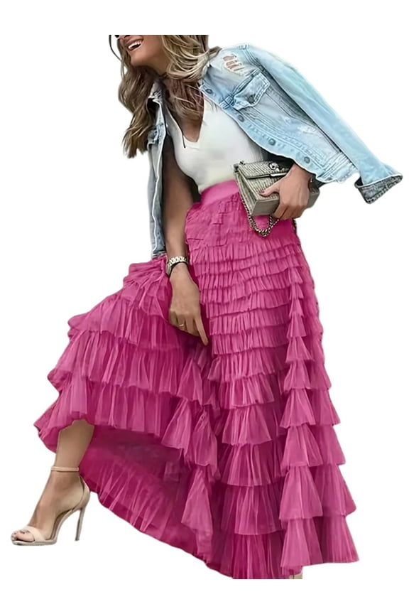 Women'S Long Maxi Tulle Skirts A Line Ruffle High Waisted Tiered Layered Mesh Tutu Skirt Petticoat Rose Red S