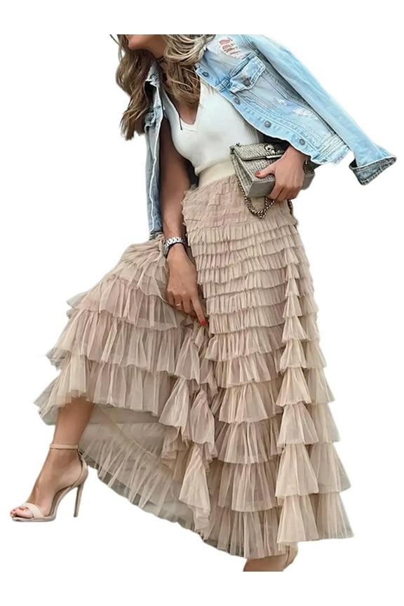 Women'S Long Maxi Tulle Skirts A Line Ruffle High Waisted Tiered Layered Mesh Tutu Skirt Petticoat S