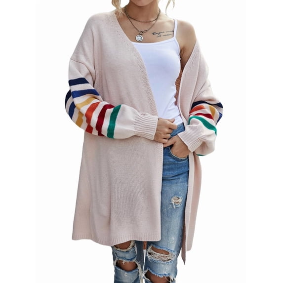 Women'S Long Open Front Cardigan Striped Color Block Loose Knit Sweaters Outwear Coat Pink S