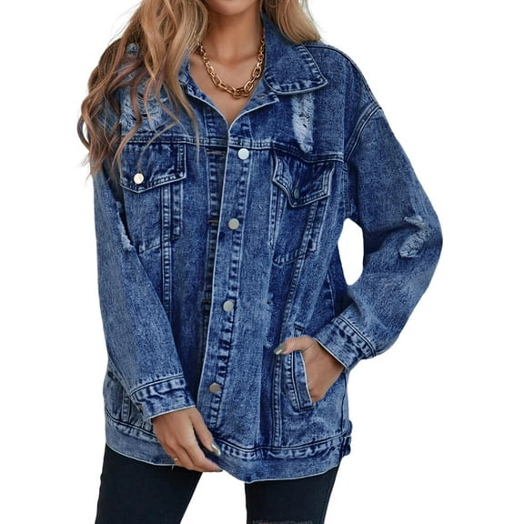 Women'S Long Oversized Denim Jacket Boyfriend Ripped Distressed Jean Jackets Coat Dark Blue L