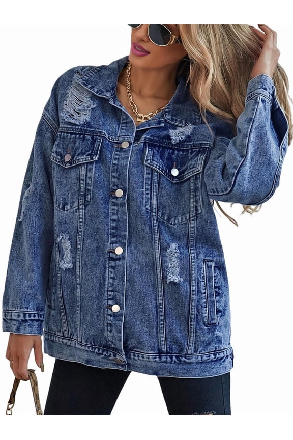Women'S Long Oversized Denim Jacket Boyfriend Ripped Distressed Jean Jackets Coat Dark Blue L