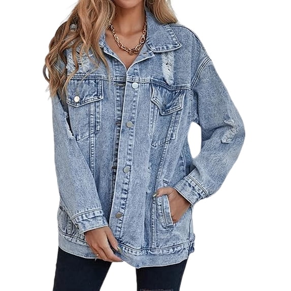 Women'S Long Oversized Denim Jacket Boyfriend Ripped Distressed Jean Jackets Coat Light Blue L