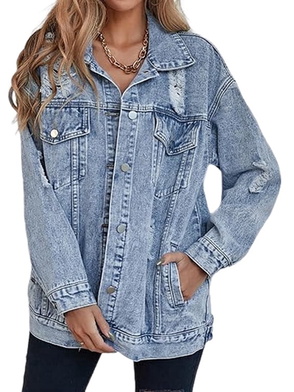 Women'S Long Oversized Denim Jacket Boyfriend Ripped Distressed Jean Jackets Coat Light Blue L