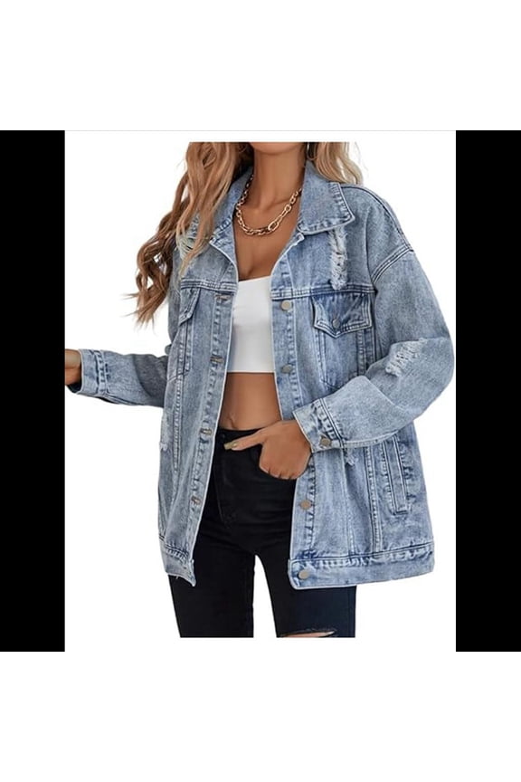 Women'S Long Oversized Denim Jacket Boyfriend Ripped Distressed Jean Jackets Coat Light Blue L