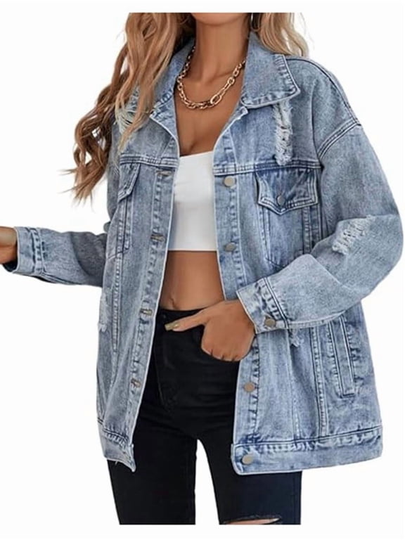 Women'S Long Oversized Denim Jacket Boyfriend Ripped Distressed Jean Jackets Coat Light Blue M