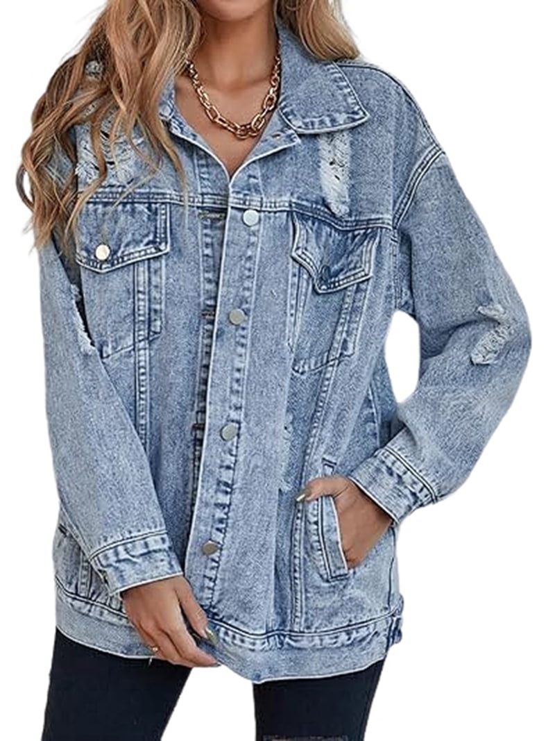Women'S Long Oversized Denim Jacket Boyfriend Ripped Distressed Jean ...