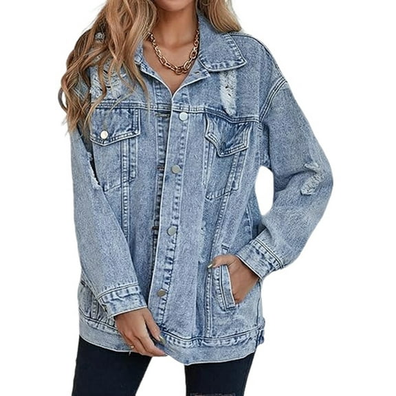 Women'S Long Oversized Denim Jacket Boyfriend Ripped Distressed Jean Jackets Coat Light Blue M