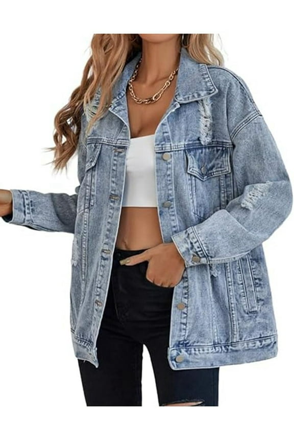 Women'S Long Oversized Denim Jacket Boyfriend Ripped Distressed Jean Jackets Coat Light Blue XL