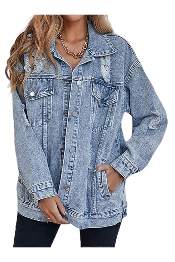 Women'S Long Oversized Denim Jacket Boyfriend Ripped Distressed Jean Jackets Coat Light Blue XL