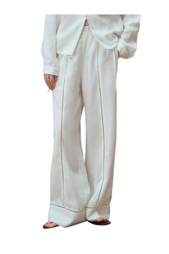 Women'S Long Palazzo Pants Flowy Travel Wide Leg Pants Casual Summer Loose Beach Lounge Cream White One Size