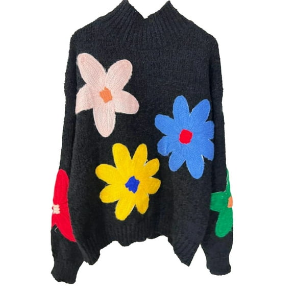 Women'S Long Puff Sleeve Sweaters Casual Crewneck Ribbed Knit Flower Color Block Loose Pullover Tops