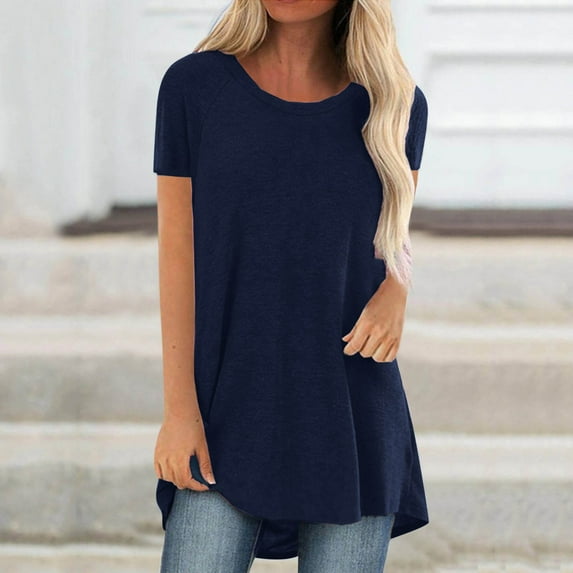 Women'S Long Shirt Short Sleeve T-Shirt Oversize Tops Large Sizes Summer O-Neck Casual Loose Blouse Casual Basic Tee Tunic Tops Daily Wear Loose Casual Women'S Wear Navy XXL