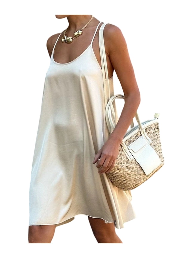 Women'S Long Silky Tank Top Spaghetti Strap Camisole Slip Dress Backless Loose Dress Color L
