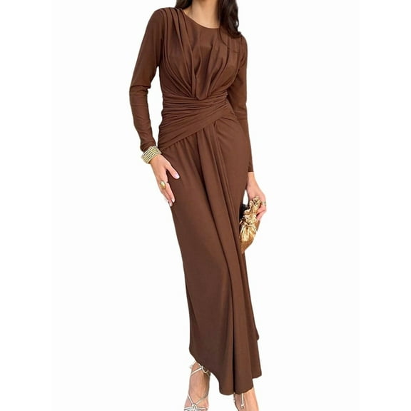 Women'S Long Sleeve Autumn Maxi Dress 2025 Crewneck Knit Wrinkles Casual Slim Dresses Brown L