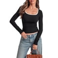 thumbnail image 1 of Women'S Long Sleeve Basic Tops Square Neck Ribbed Knit Color Block Shirts Fitted Black L, 1 of 9