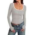 thumbnail image 1 of Women'S Long Sleeve Basic Tops Square Neck Ribbed Knit Color Block Shirts Fitted Light Gray XXL, 1 of 9