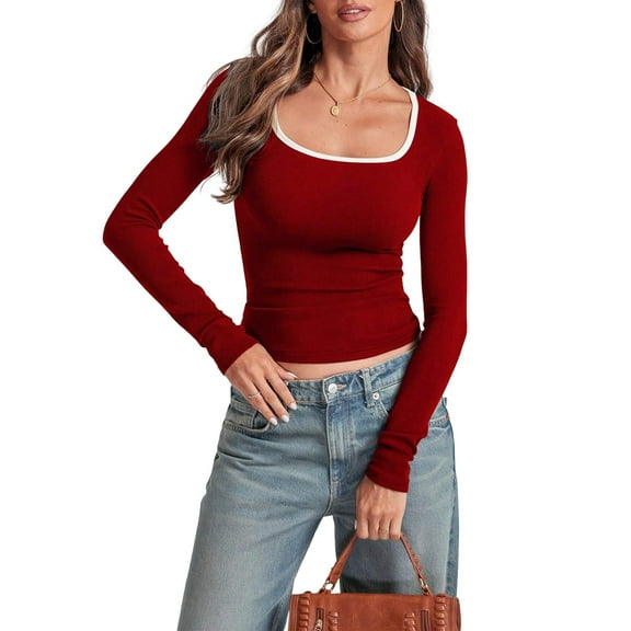 Women'S Long Sleeve Basic Tops Square Neck Ribbed Knit Color Block Shirts Fitted Wine Red M