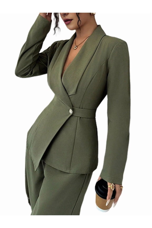 Women'S Long Sleeve Blazer and Straight Leg Pants Two Piece Set Elegant Office Formal Suit Outfit Green M