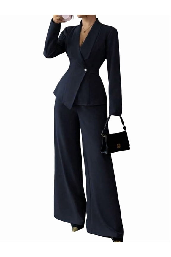 Women'S Long Sleeve Blazer and Straight Leg Pants Two Piece Set Elegant Office Formal Suit Outfit Navy Blue S