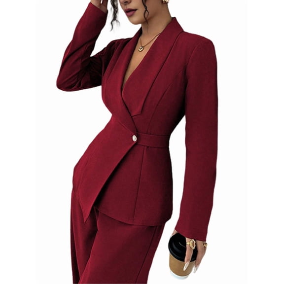 Women'S Long Sleeve Blazer and Straight Leg Pants Two Piece Set Elegant Office Formal Suit Outfit Red M