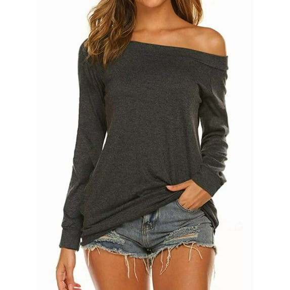 Women'S Long Sleeve Boat Neck Off Shoulder Blouse Tops Dark Gray XL