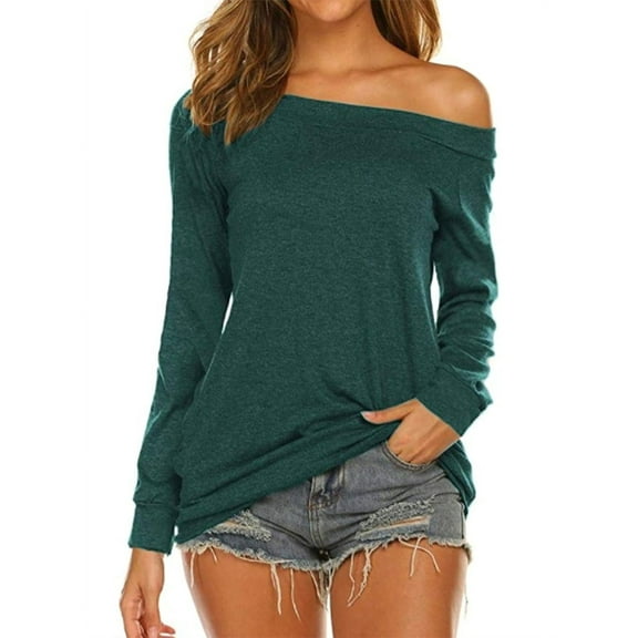 Women'S Long Sleeve Boat Neck Off Shoulder Blouse Tops Green L