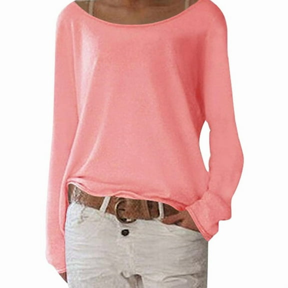 Women'S Long Sleeve Boat Neck Off Shoulder Blouse Tops Pink L