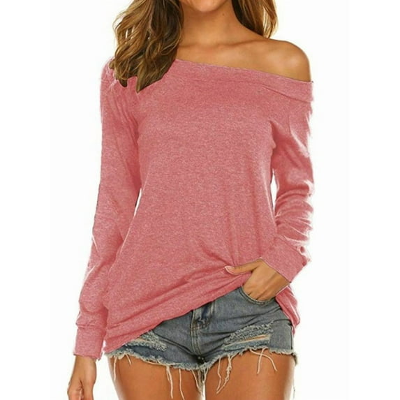 Women'S Long Sleeve Boat Neck Off Shoulder Blouse Tops Pink S