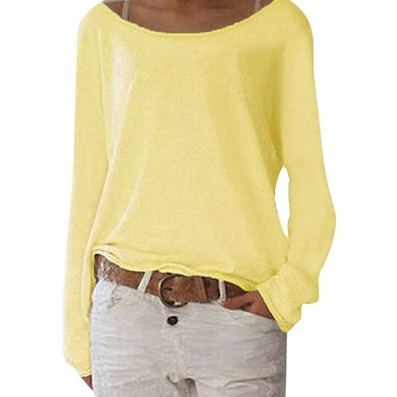 Women'S Long Sleeve Boat Neck Off Shoulder Blouse Tops Yellow XXL