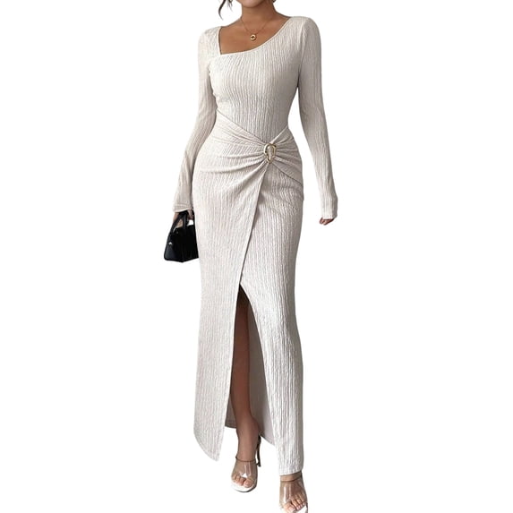 Women'S Long Sleeve Bodycon Dress Asymmetrical Neck Cocktail Party Slit Maxi Dresses S