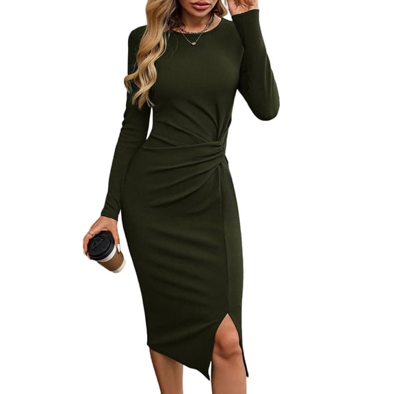 Women'S Long Sleeve Bodycon Dress Twist Front Split Going Out Midi Dresses Green XXL