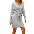 thumbnail image 1 of Women'S Long Sleeve Bodycon Sweater Dress V Neck Cable Knit Slit Midi Dresses with Belt Gray XL, 1 of 9