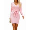 thumbnail image 1 of Women'S Long Sleeve Bodycon Sweater Dress V Neck Cable Knit Slit Midi Dresses with Belt Pink M, 1 of 10