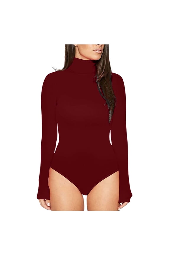 Women'S Long Sleeve Bodysuit Winter New Style Long Sleeve High Collar Slimming Bottoming Shirt Women'S Thermal Tights Bodysuit Wine XL