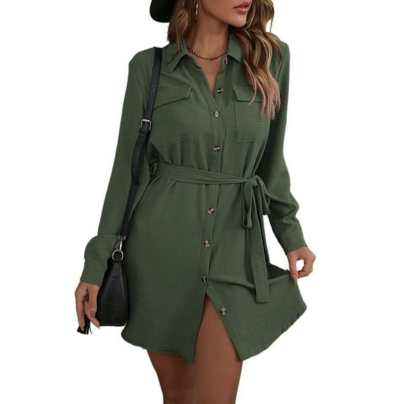 Women'S Long Sleeve Button Down Shirt Dress Casual Loose Tie Waist Adjustable Sleeve Length Dresses Green XL