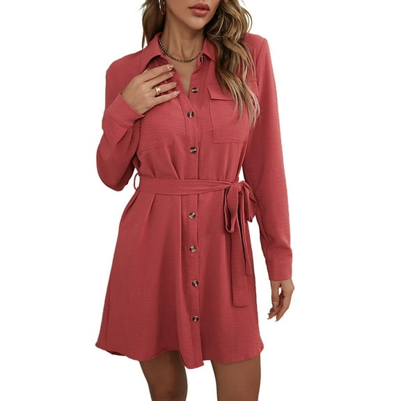 Women'S Long Sleeve Button Down Shirt Dress Casual Loose Tie Waist Adjustable Sleeve Length Dresses