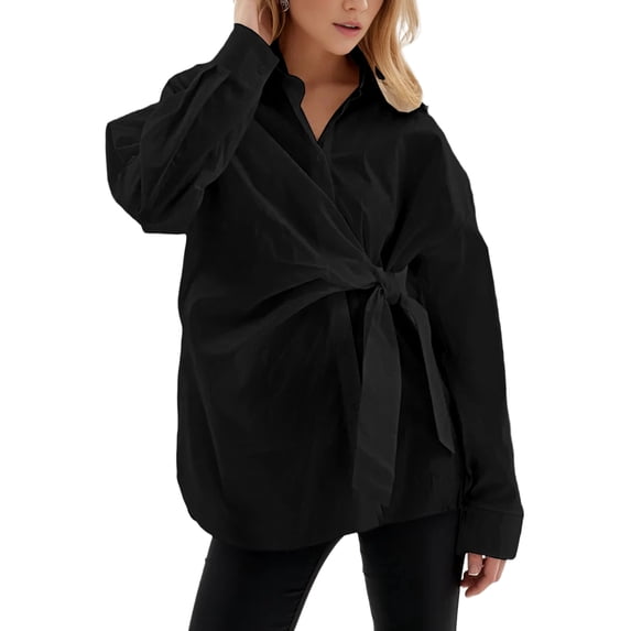 Women'S Long Sleeve Button Down Shirts Tie Waist Casual Loose Blouses Tops
