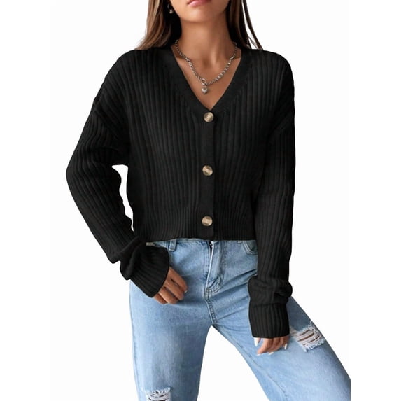 Women'S Long Sleeve Button Front V-Neck Soft Knit Cardigan Sweaters Black S