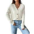 thumbnail image 1 of Women'S Long Sleeve Button Front V-Neck Soft Knit Cardigan Sweaters White S, 1 of 9