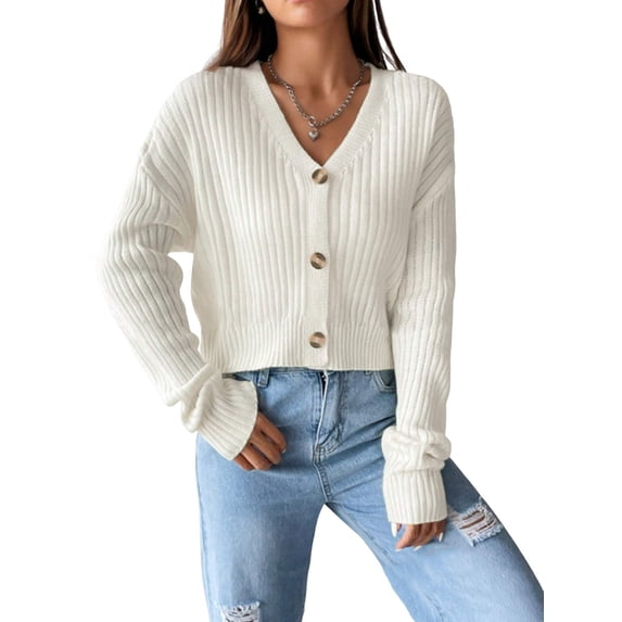 Women'S Long Sleeve Button Front V-Neck Soft Knit Cardigan Sweaters White XL