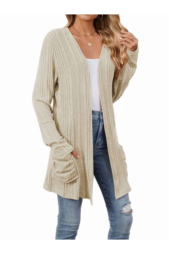 Women'S Long Sleeve Cardigan Solid Color Ribbed Brushed Cardigan Open Front with Pockets M